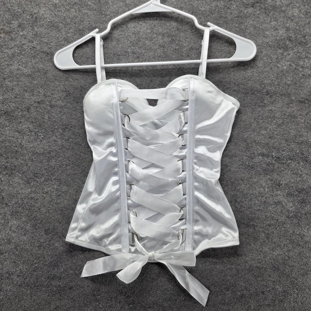 Spirit Halloween Corset Womens S White Overbust Satin Boned Hook & Eye Bow